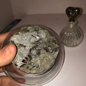 Glass Perfume Bottle with Heart Top and glass potpourri container- preloved